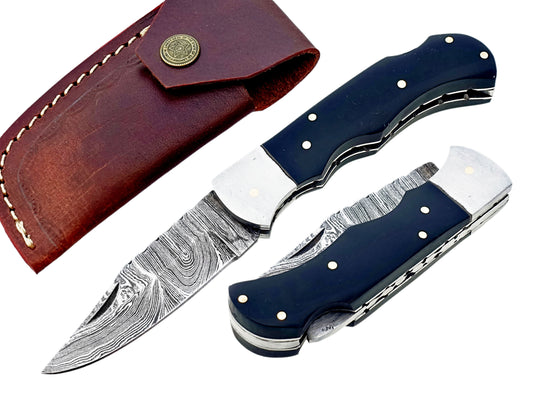 Handcrafted Damascus Folding Pocket Knife - Buffalo Horn Handle | Hope Blades