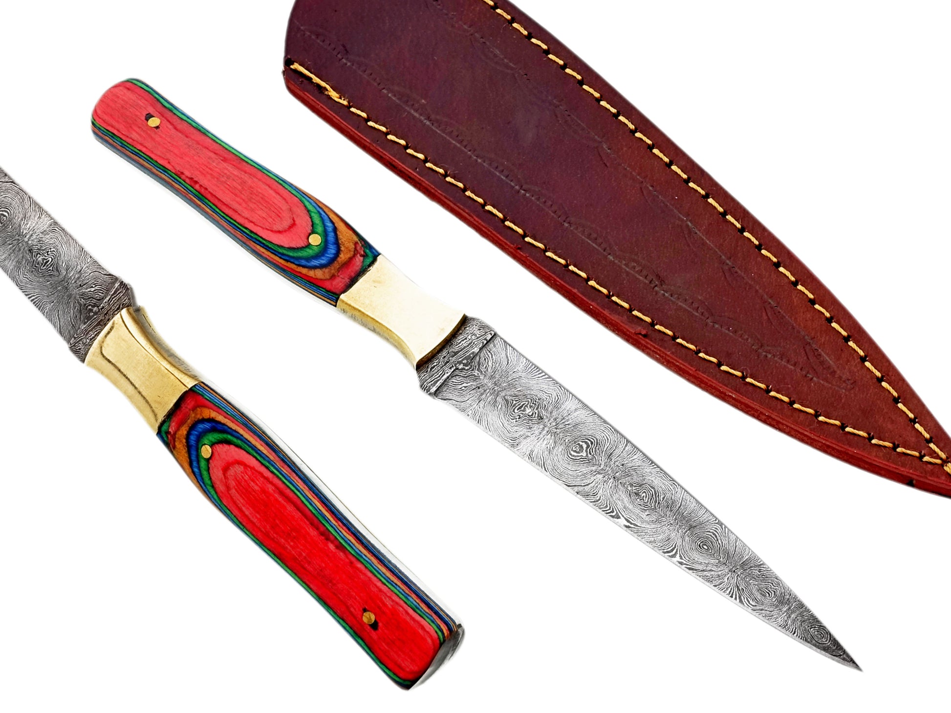 Rainbow Damascus Steel Sharp Cutting Edge Hunting Knife - Unique Handle with Custom Leather Sheath