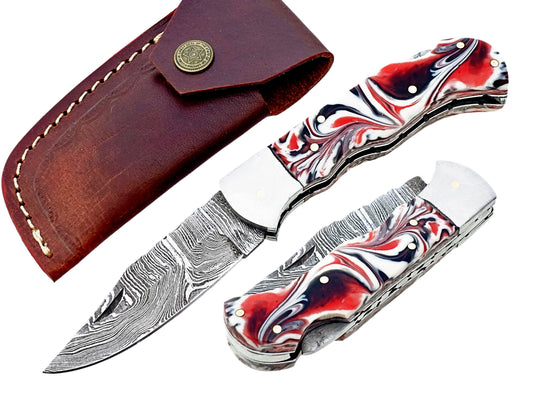 Handmade Damascus Folding Pocket Knife - Resin Handle | Hope Blades