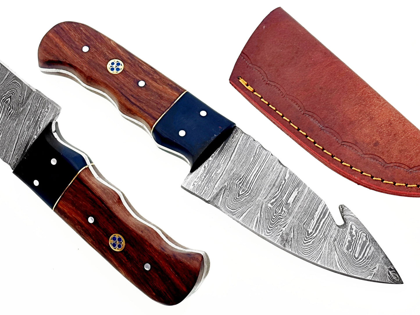 Handcrafted Damascus Steel Gut Hook Hunting Knife | Iron Wood & Buffalo Horn Handle