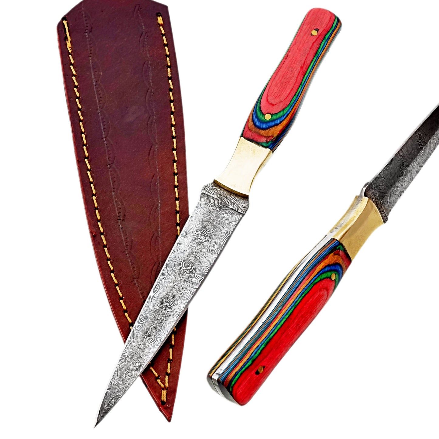 Rainbow Damascus Steel Sharp Cutting Edge Hunting Knife - Unique Handle with Custom Leather Sheath