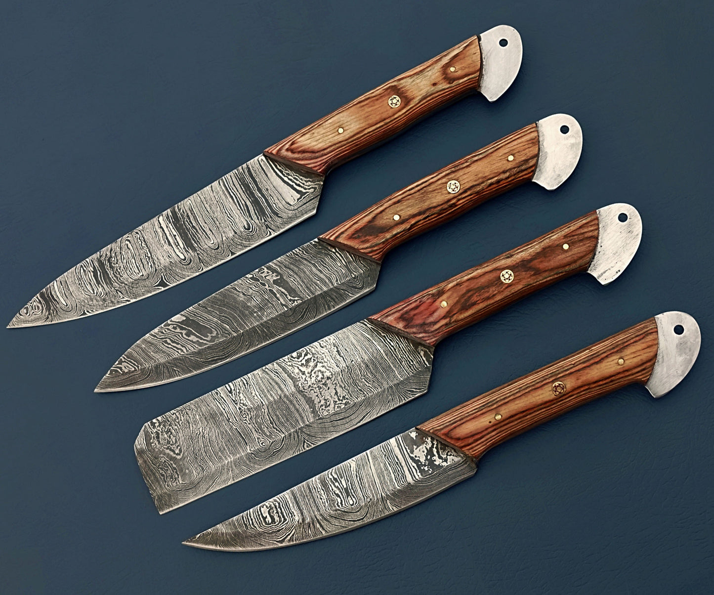 Custom Handmade 4 Pcs BBQ Knives Set - Damascus Steel, Stabilized Wood Handles