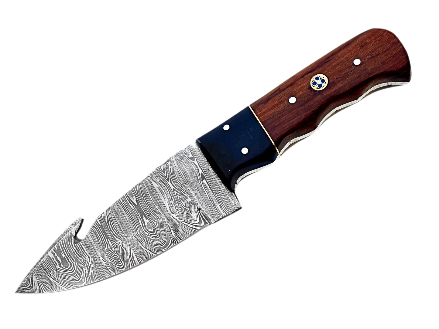 Handcrafted Damascus Steel Gut Hook Hunting Knife | Iron Wood & Buffalo Horn Handle