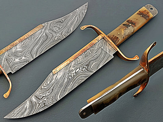 Sharp Edge Custom Handmade Damascus Steel Fixed Blade Knife Ram Horn Handle