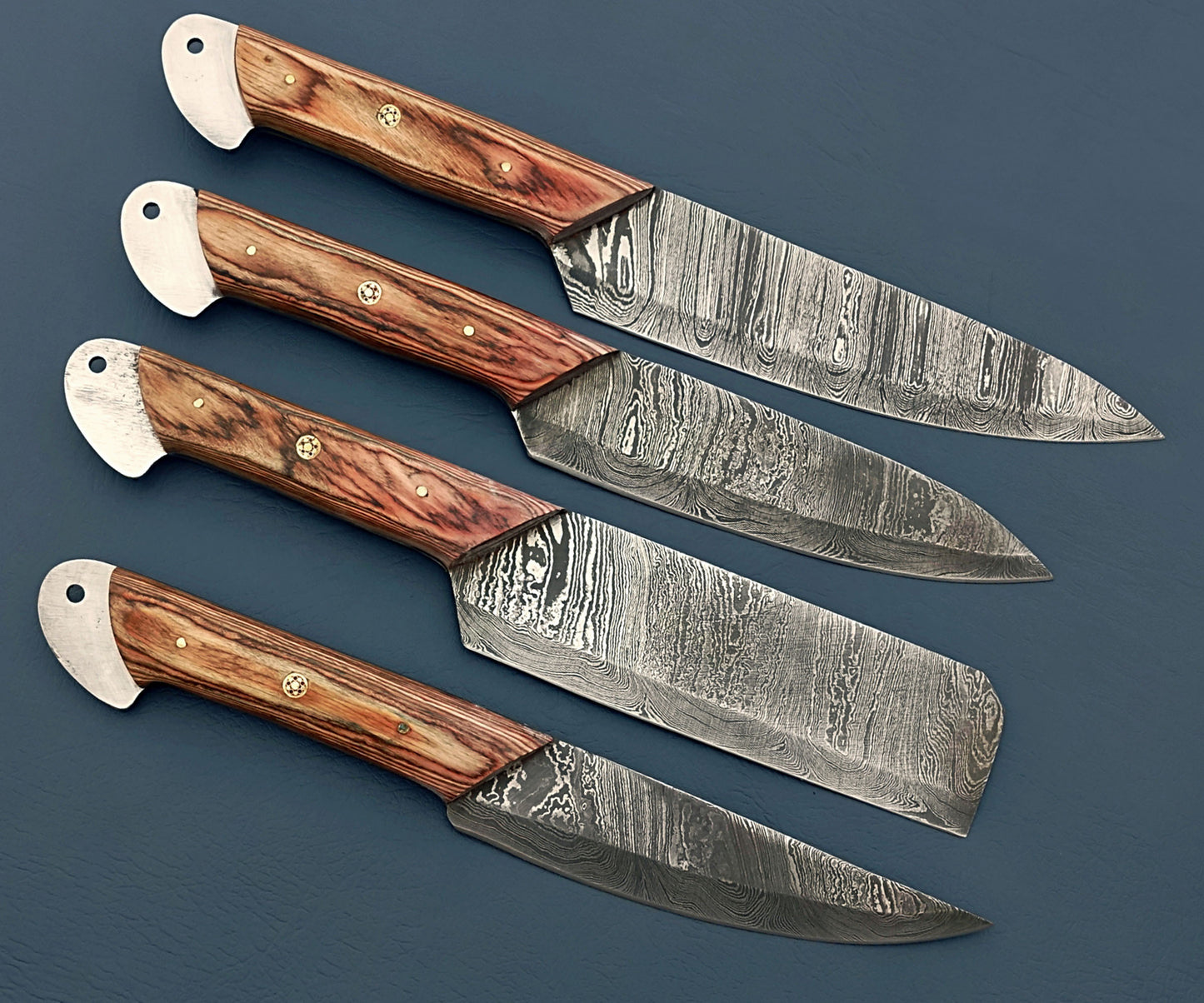 Custom Handmade 4 Pcs BBQ Knives Set - Damascus Steel, Stabilized Wood Handles