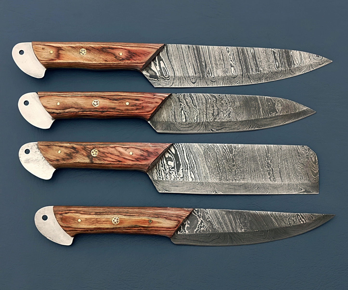 Custom Handmade 4 Pcs BBQ Knives Set - Damascus Steel, Stabilized Wood Handles