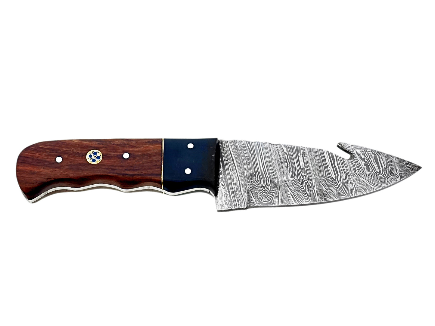 Handcrafted Damascus Steel Gut Hook Hunting Knife | Iron Wood & Buffalo Horn Handle