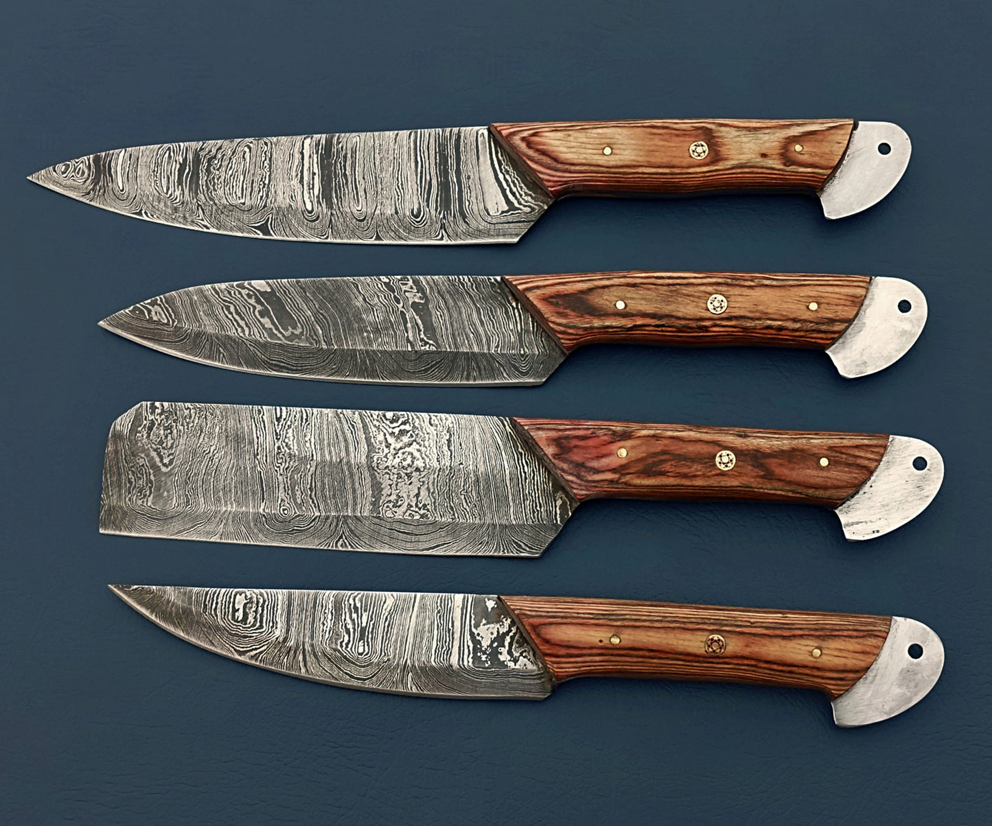 Custom Handmade 4 Pcs BBQ Knives Set - Damascus Steel, Stabilized Wood Handles