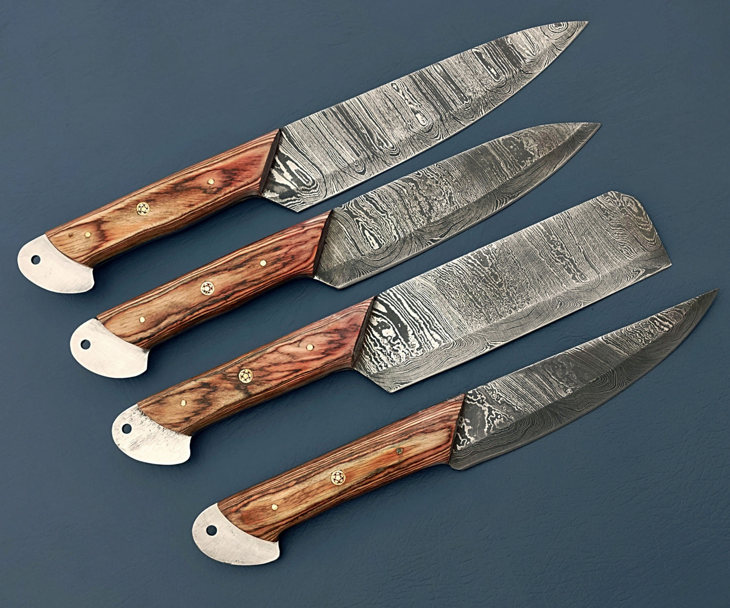 Custom Handmade 4 Pcs BBQ Knives Set - Damascus Steel, Stabilized Wood Handles