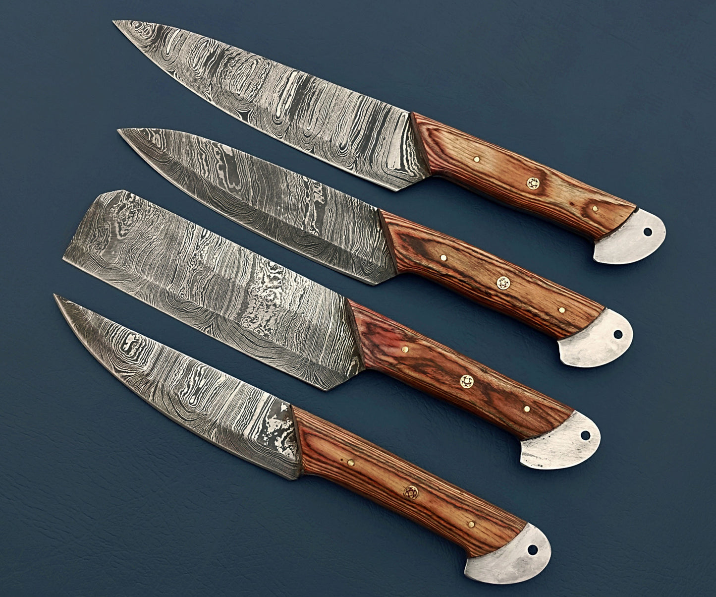 Custom Handmade 4 Pcs BBQ Knives Set - Damascus Steel, Stabilized Wood Handles