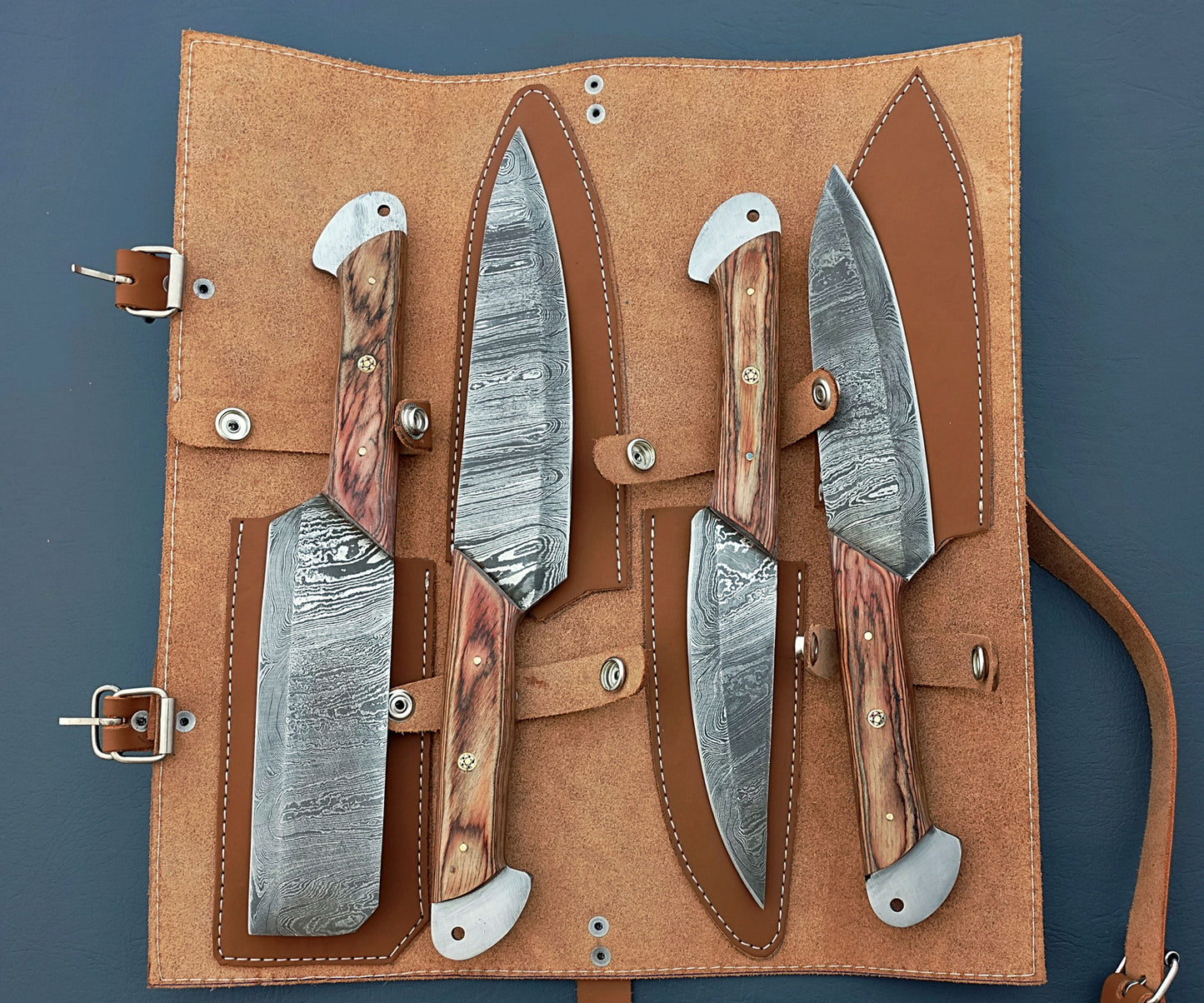 Custom Handmade 4 Pcs BBQ Knives Set - Damascus Steel, Stabilized Wood Handles