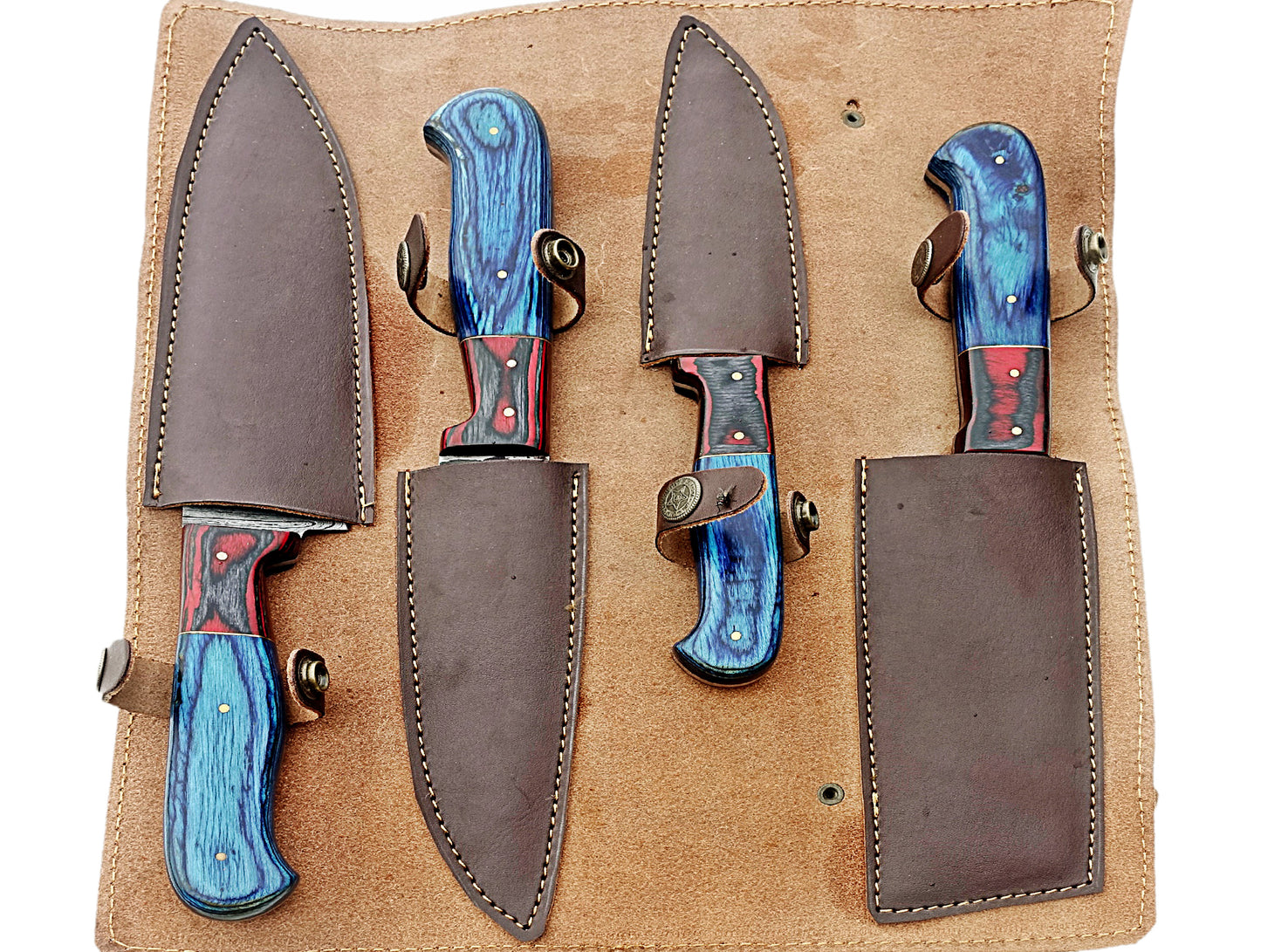 4-Piece Handcrafted Damascus Steel Kitchen & Steak Knives Set with Handstitched Leather Bag