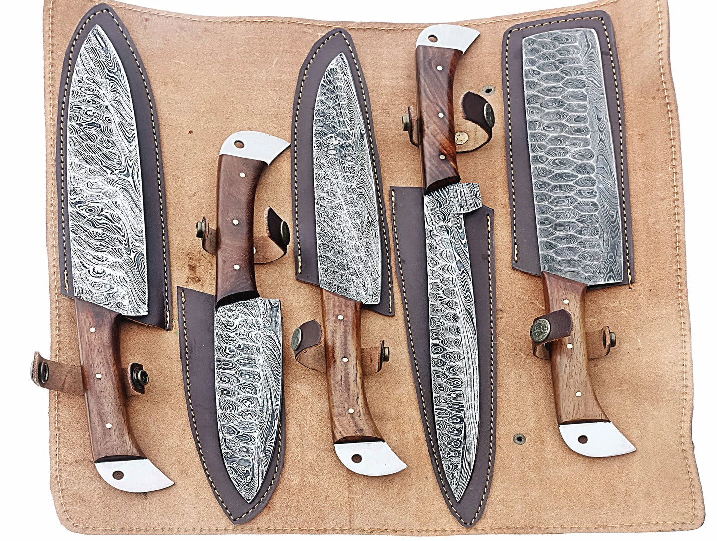 2024 Custom Handmade Damascus Chef Knife Set - 5 Pcs Full Kitchen Knife Set with Leather Sheath