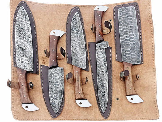 2024 Custom Handmade Damascus Chef Knife Set - 5 Pcs Full Kitchen Knife Set with Leather Sheath