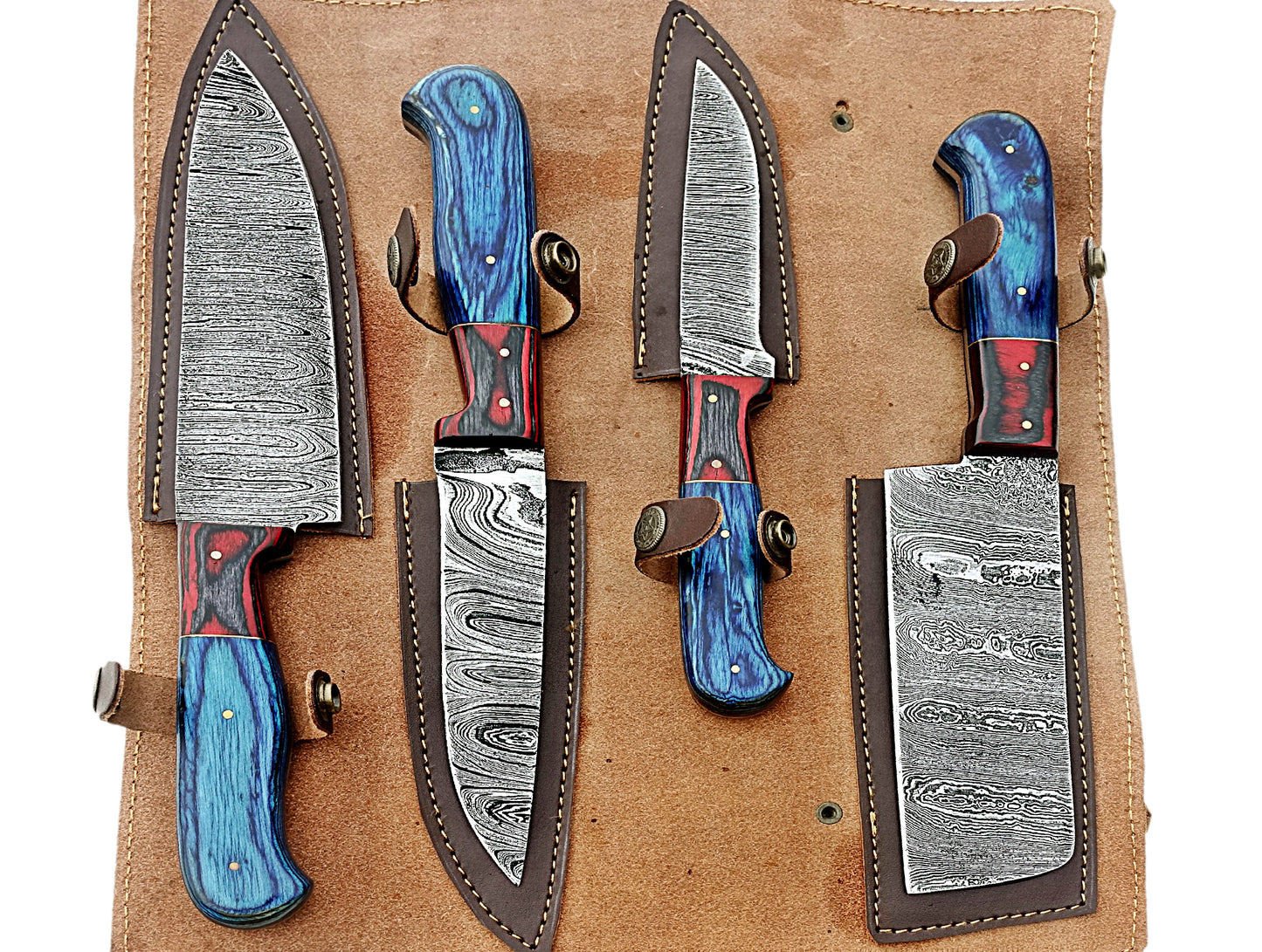 4-Piece Handcrafted Damascus Steel Kitchen & Steak Knives Set with Handstitched Leather Bag