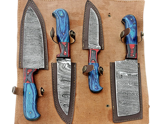 4-Piece Handcrafted Damascus Steel Kitchen & Steak Knives Set with Handstitched Leather Bag