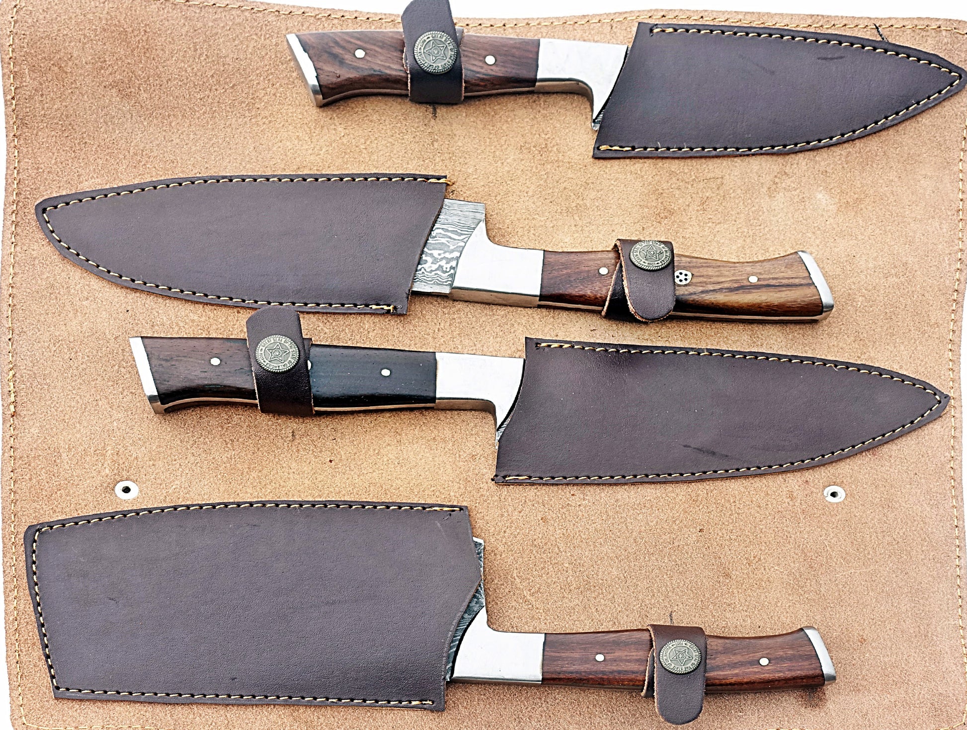 Damascus Knives set with leather