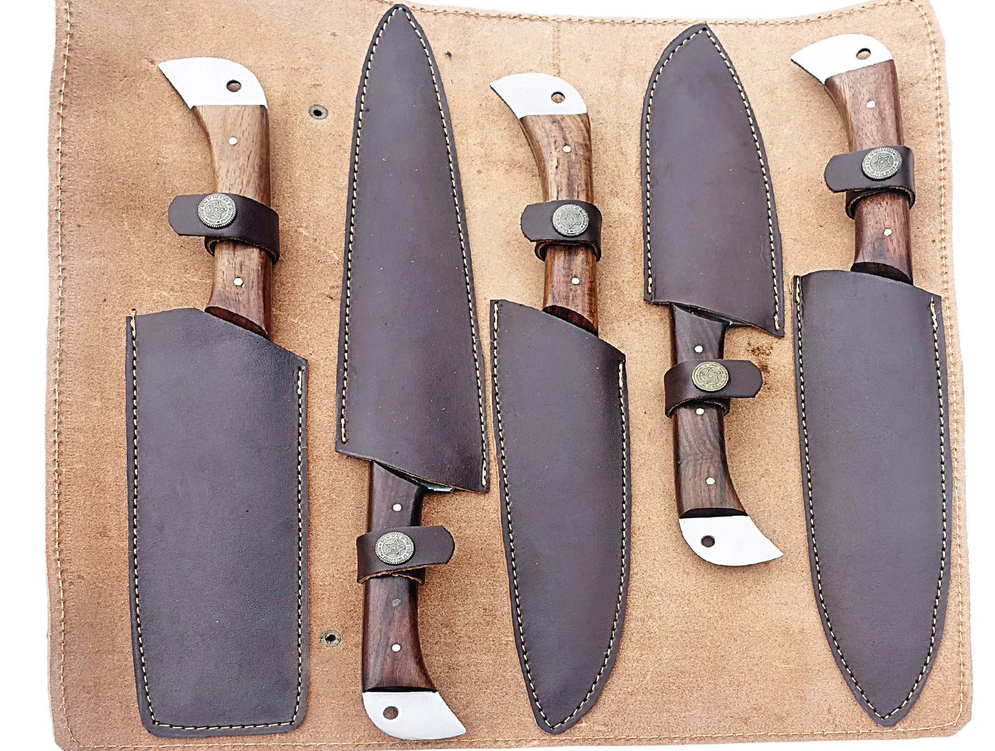 Damascus Steel  5 Pcs Full Kitchen Knife Set with Leather Sheath