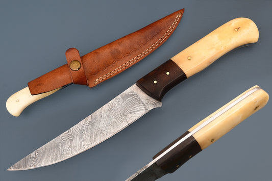 Handcrafted Fillet Knife - 10" Damascus Steel Blade, Camel Bone & Iron Wood Handle | Hope Blades