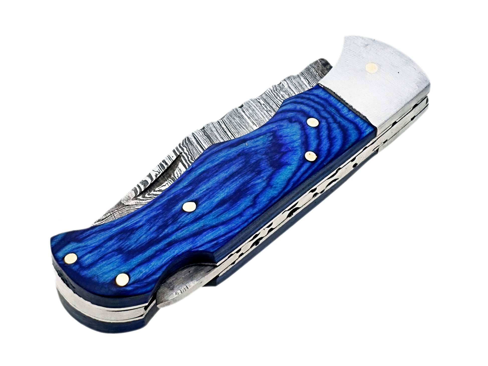 Blue Color Damascus Folding Knife