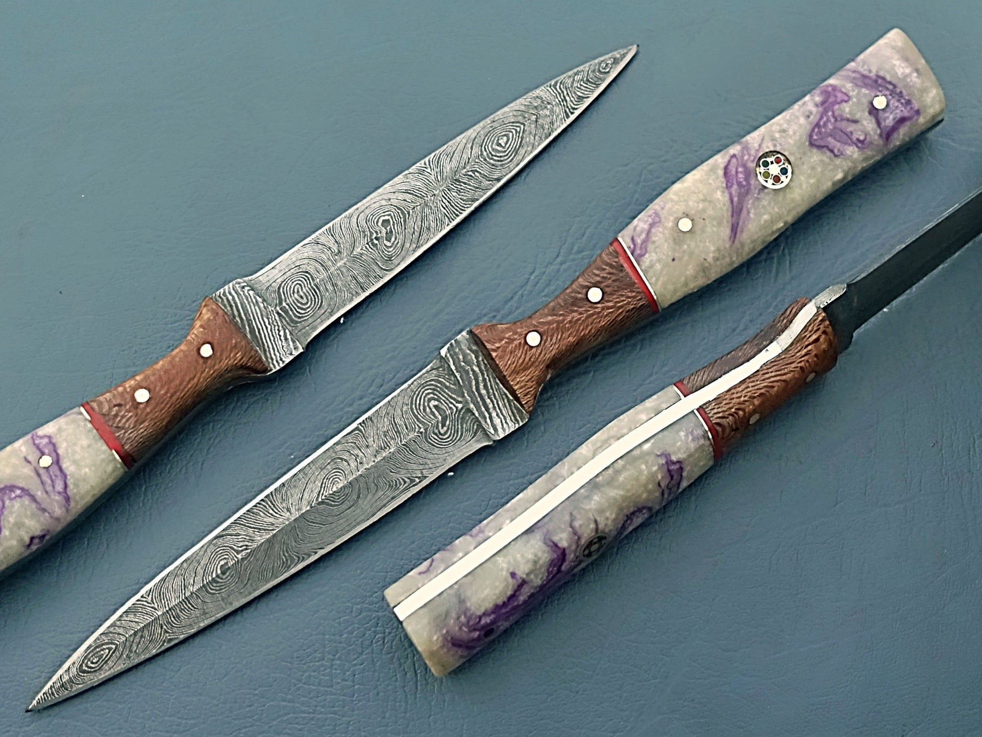 Grey Damascus Steel Hunting Knife with Stabilized Wood Handle and Brass Guard