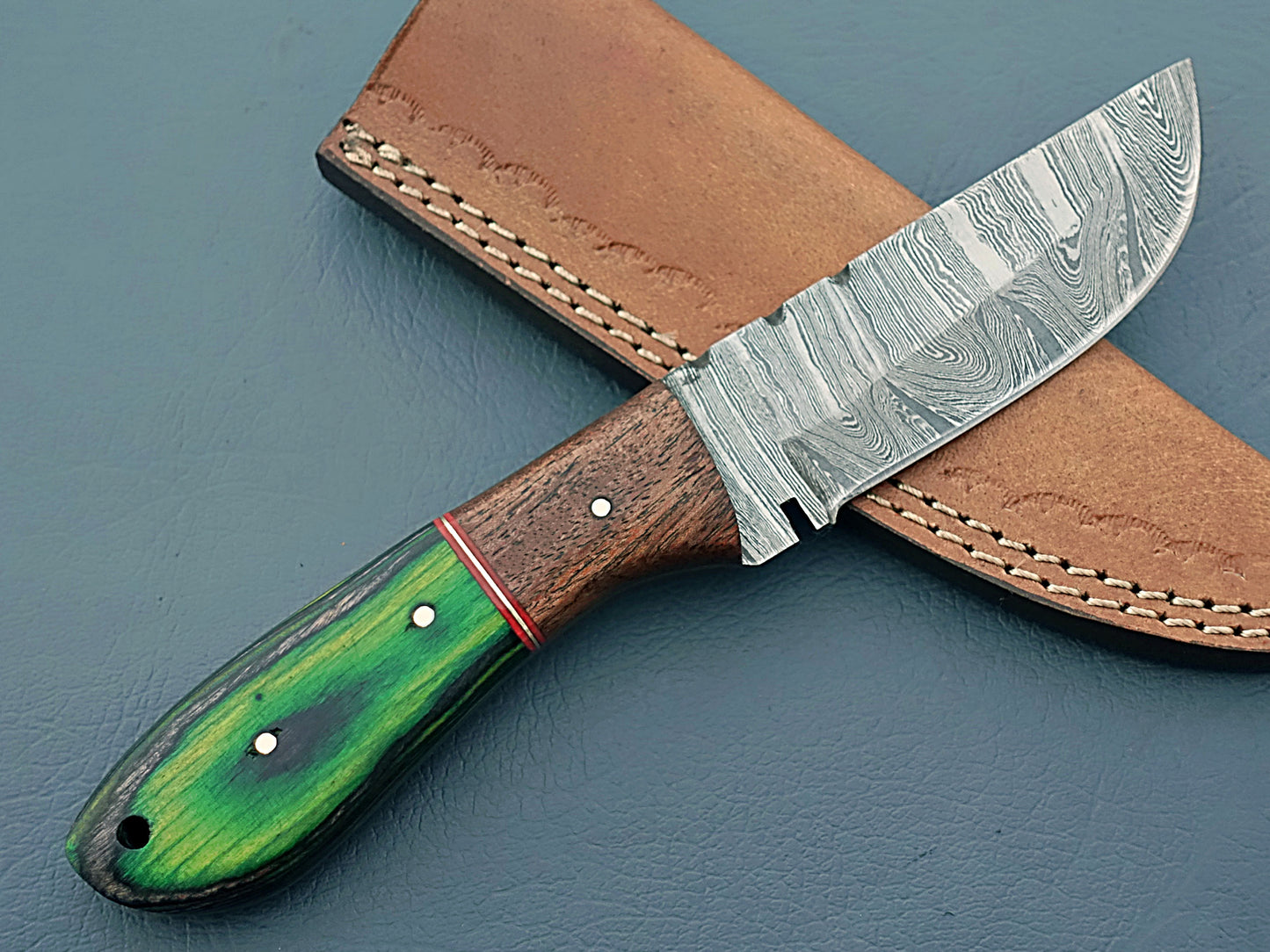 Green Handle Handcrafted Damascus Hunting Knife | Custom Damascus Steel Knife with Leather Case