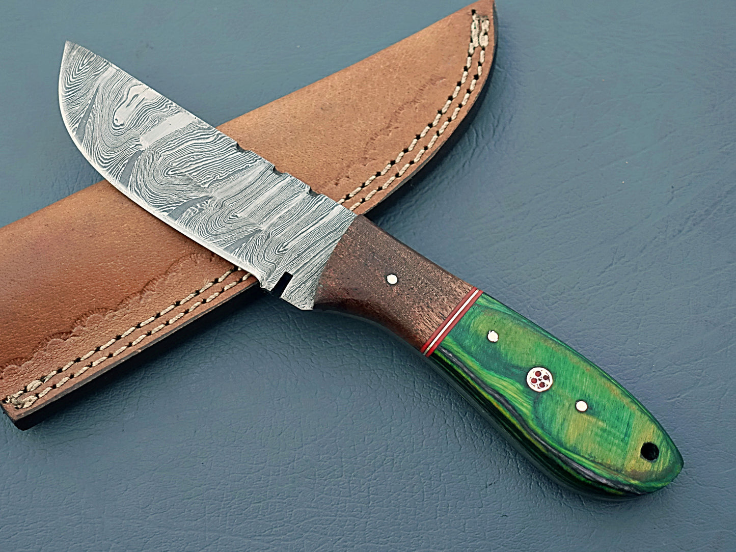 Green Handle Handcrafted Damascus Hunting Knife | Custom Damascus Steel Knife with Leather Case