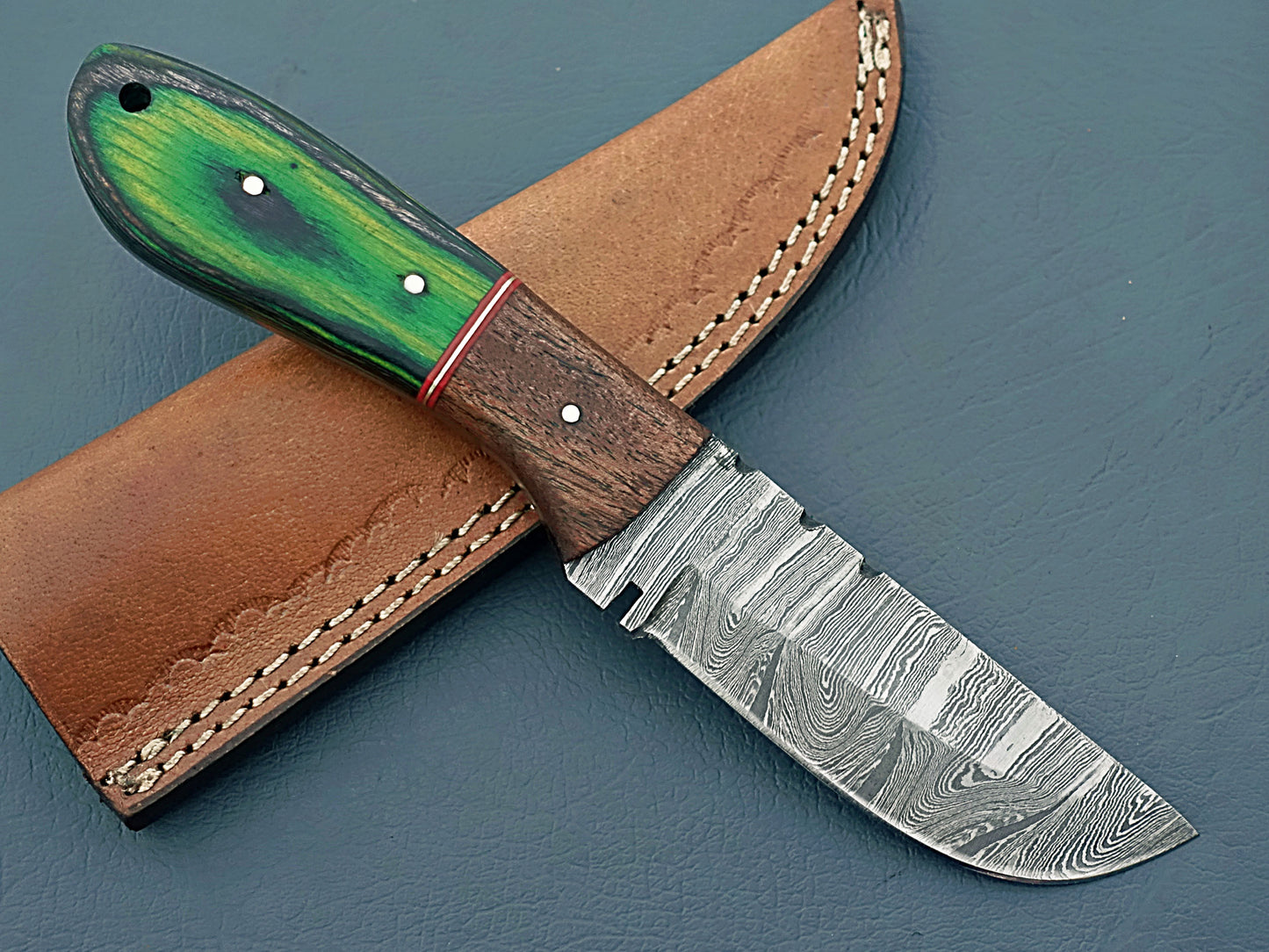 Green Handle Handcrafted Damascus Hunting Knife | Custom Damascus Steel Knife with Leather Case