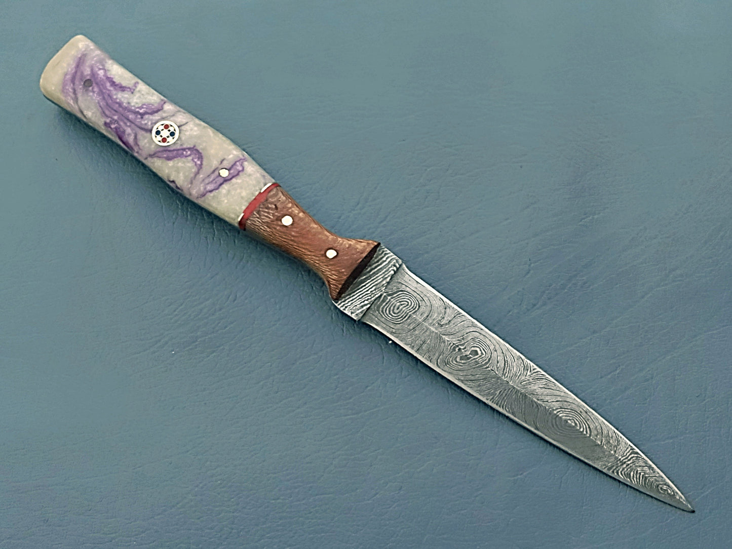 Grey Damascus Steel Hunting Knife with Stabilized Wood Handle and Brass Guard