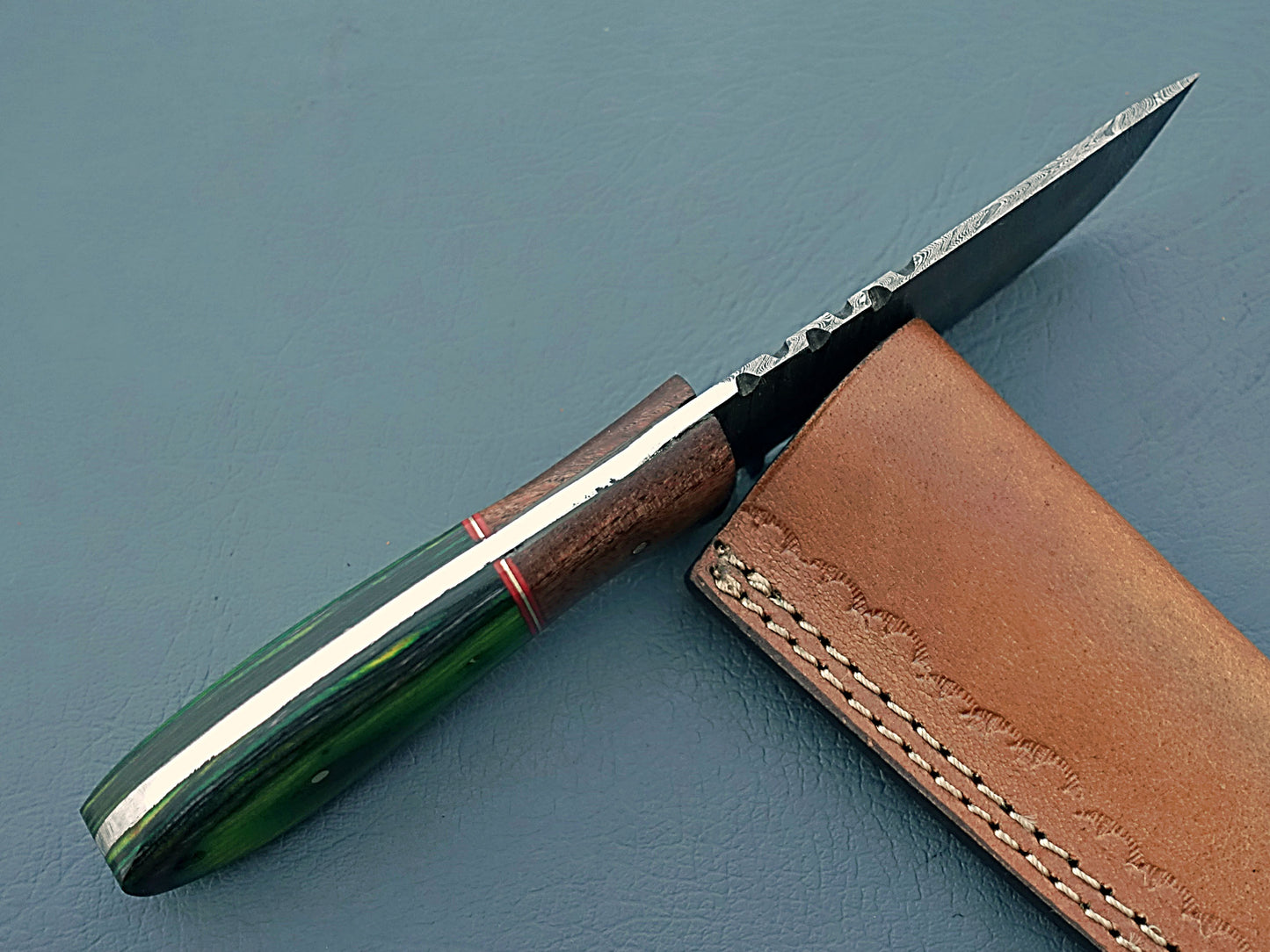 Green Handle Handcrafted Damascus Hunting Knife | Custom Damascus Steel Knife with Leather Case