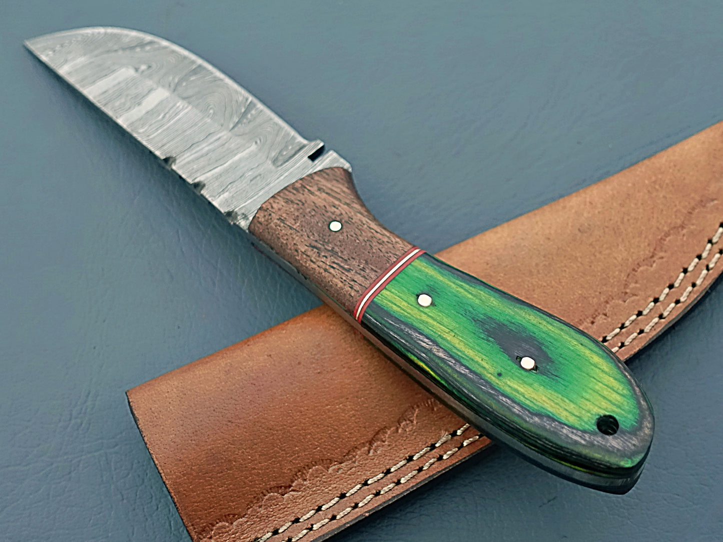 Green Handle Handcrafted Damascus Hunting Knife | Custom Damascus Steel Knife with Leather Case