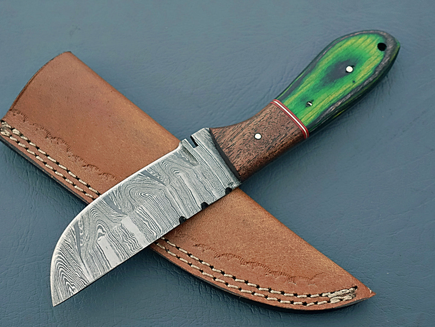 Green Handle Handcrafted Damascus Hunting Knife | Custom Damascus Steel Knife with Leather Case