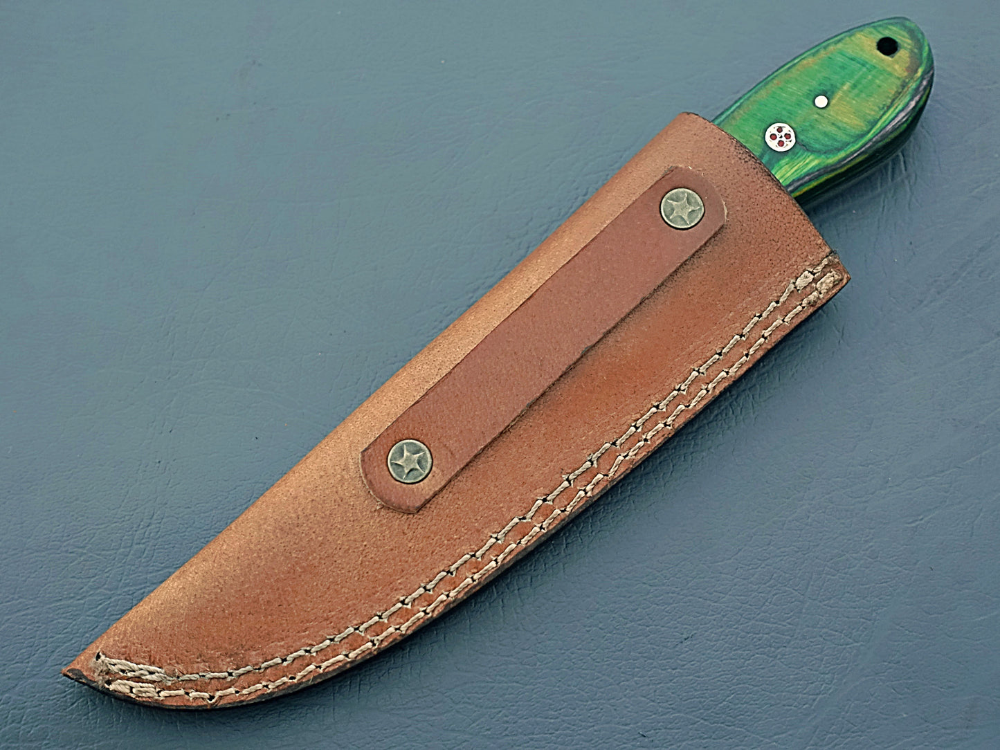 Green Handle Handcrafted Damascus Hunting Knife | Custom Damascus Steel Knife with Leather Case