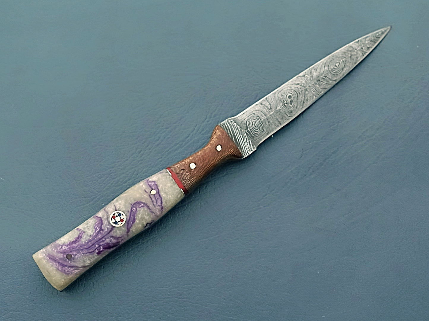 Grey Damascus Steel Hunting Knife with Stabilized Wood Handle and Brass Guard