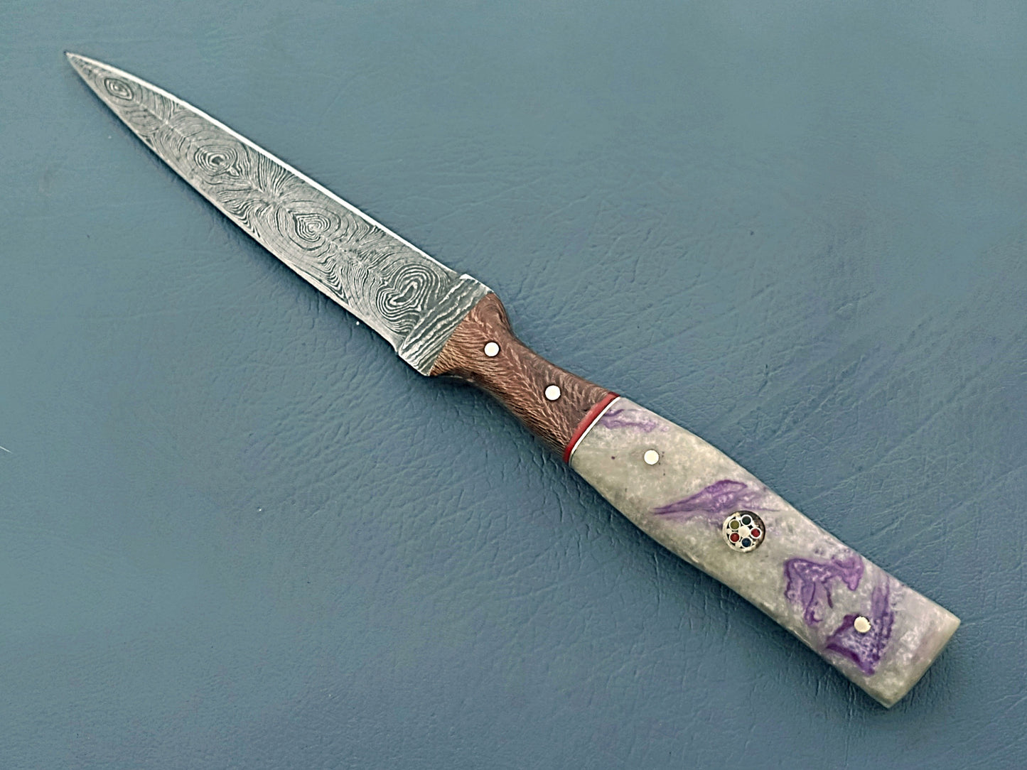 Grey Damascus Steel Hunting Knife with Stabilized Wood Handle and Brass Guard