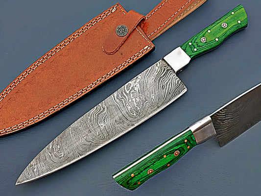 Unique Green Handle Damascus Chef Knife - Sharp Edge Kitchen Knife, Best Cookware Gift