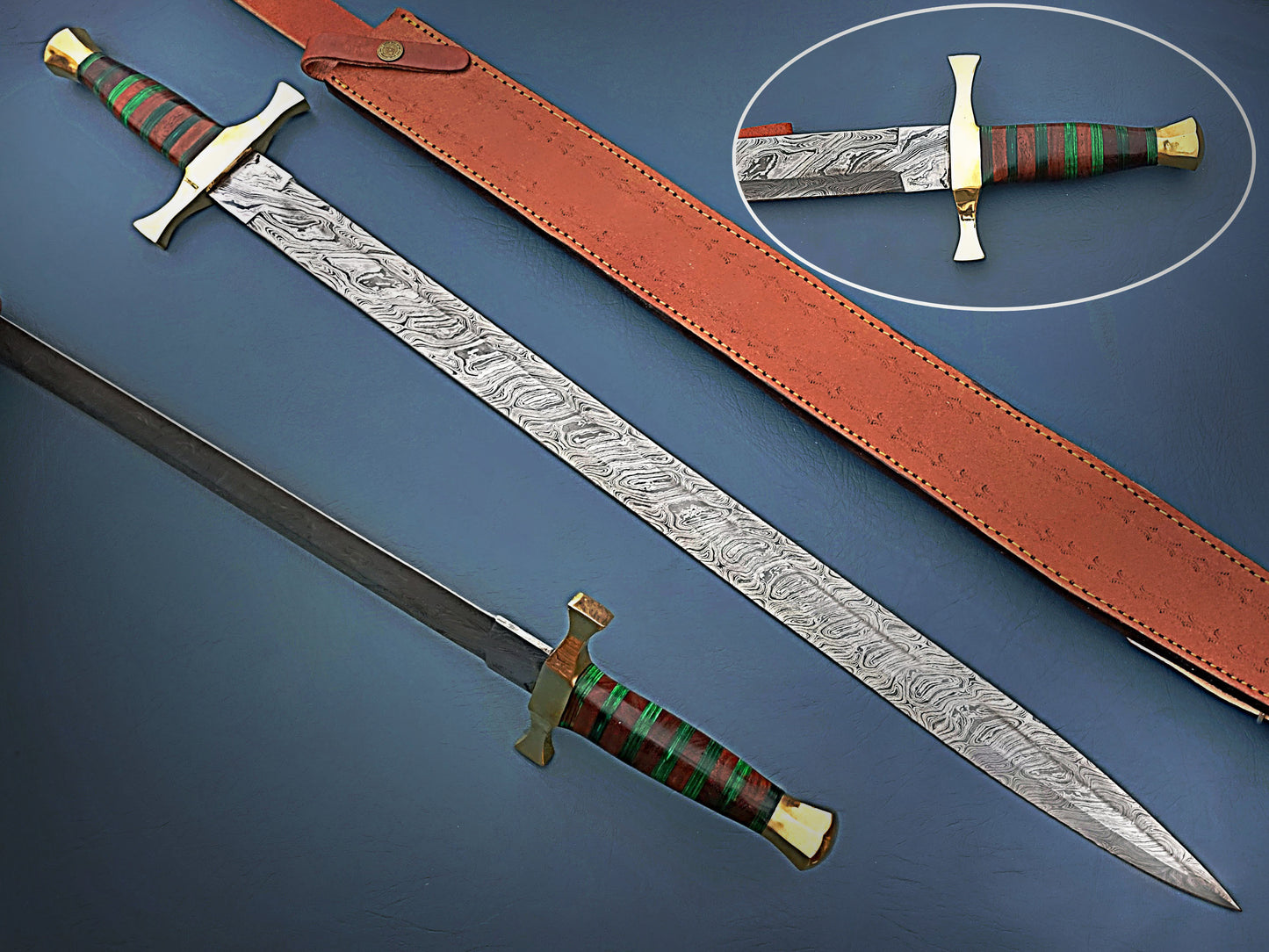 Everyday Carry Damascus Steel Handcrafted Sword - 34" Blade with Stabilized Wood and Brass Guard