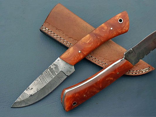 New Style Hand-Forged Damascus Knife with Sheath | Resin Fixed Blade Custom Knife | Hunting & Camping Knife