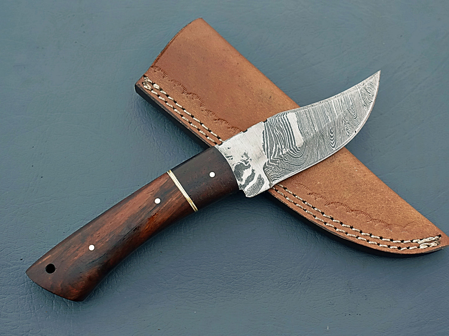 Custom Damascus Skinner Knife | 8" Skinning Knife with Leather Sheath | EDC Knife