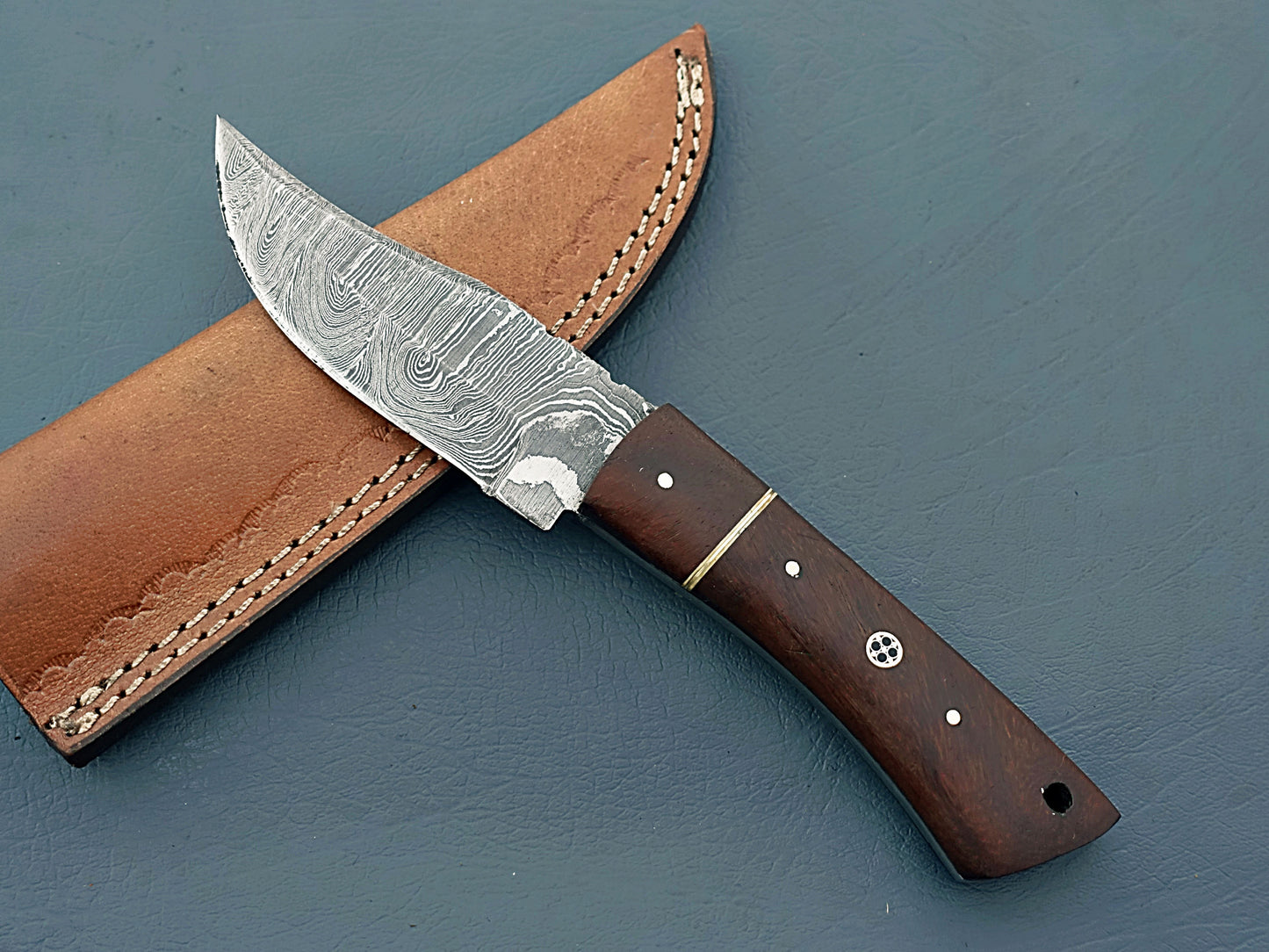 Custom Damascus Skinner Knife | 8" Skinning Knife with Leather Sheath | EDC Knife