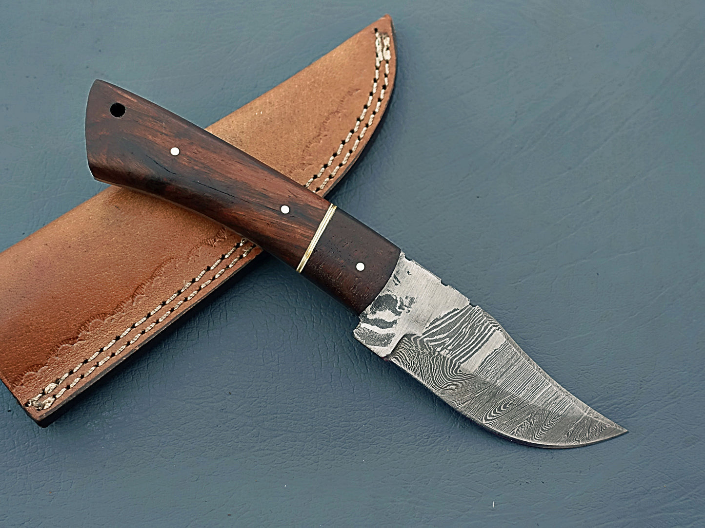 Custom Damascus Skinner Knife | 8" Skinning Knife with Leather Sheath | EDC Knife