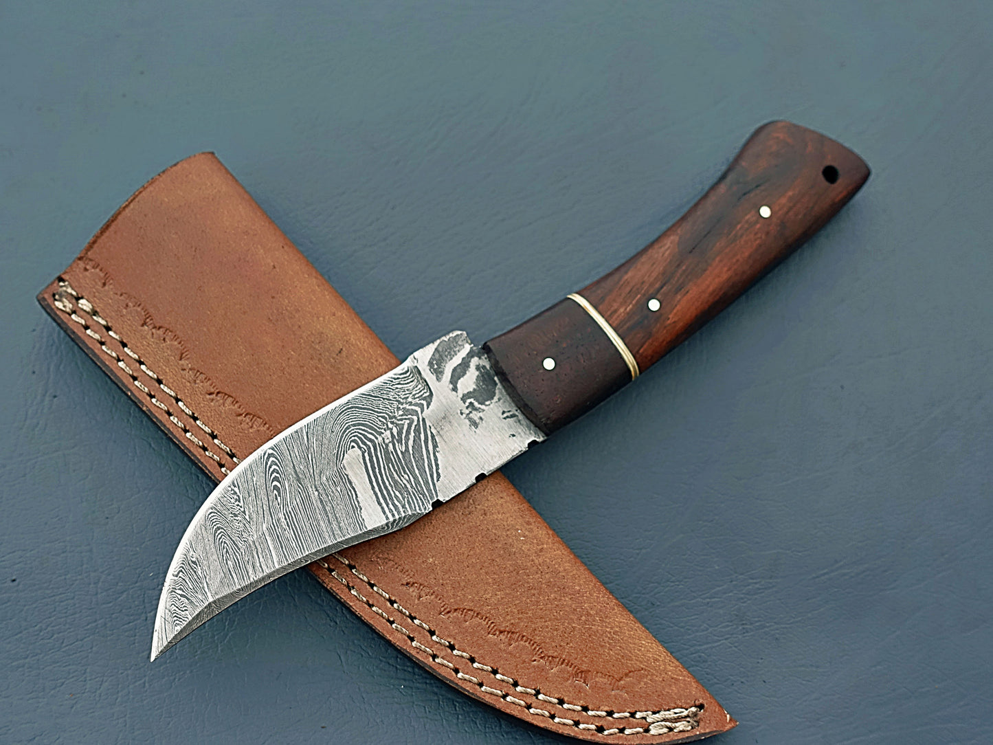 Custom Damascus Skinner Knife | 8" Skinning Knife with Leather Sheath | EDC Knife