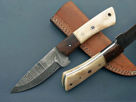 Unique Handcrafted Damascus Hunting Knife with Sheath - Stabilized Wood & Camel Bone Handle