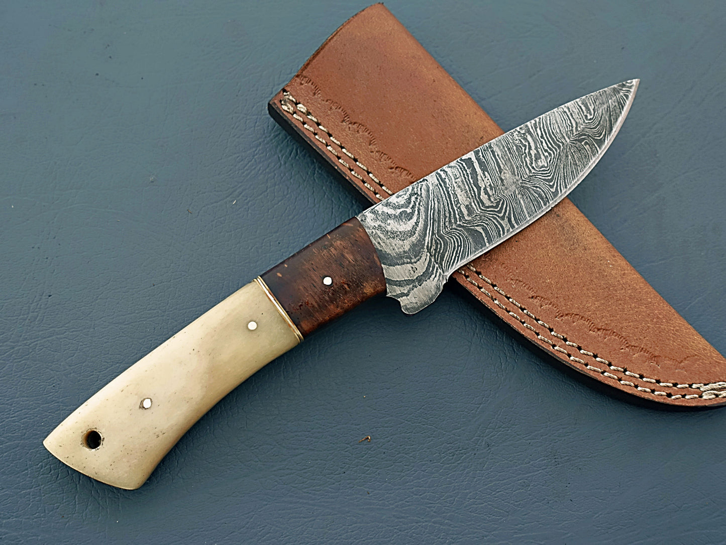 Unique Handcrafted Damascus Hunting Knife with Sheath - Stabilized Wood & Camel Bone Handle