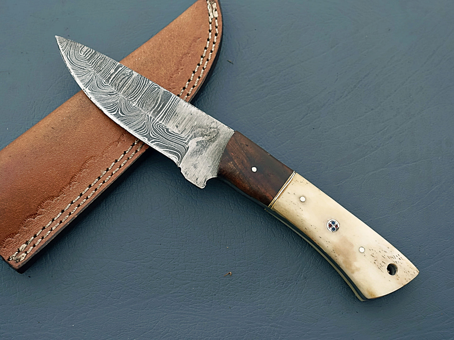 Unique Handcrafted Damascus Hunting Knife with Sheath - Stabilized Wood & Camel Bone Handle