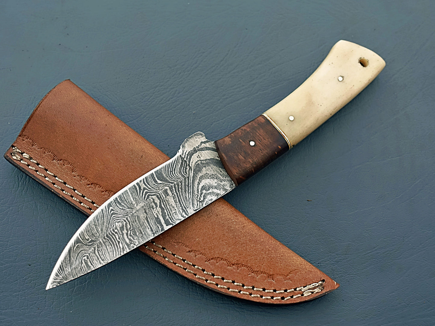 Unique Handcrafted Damascus Hunting Knife with Sheath - Stabilized Wood & Camel Bone Handle