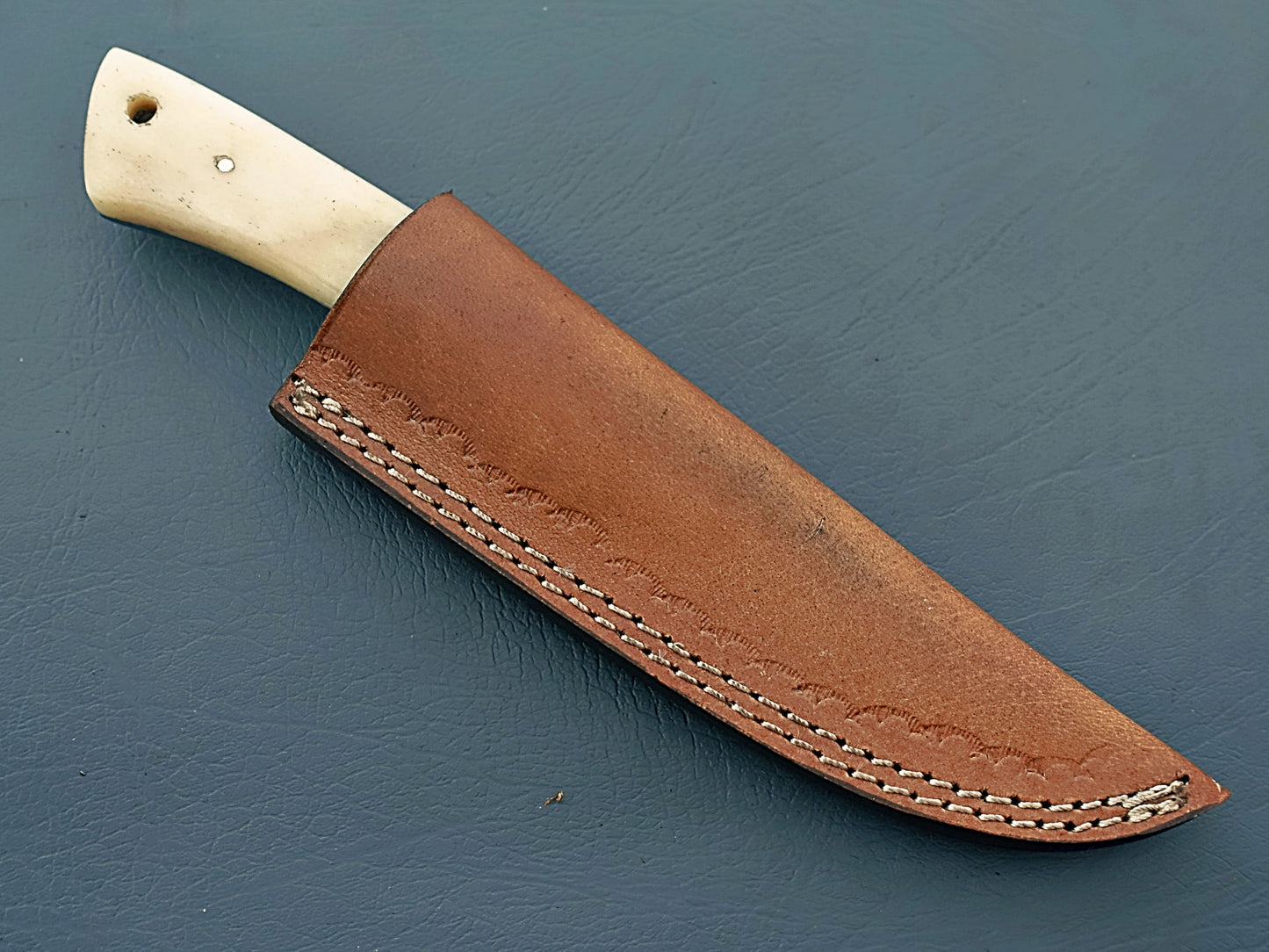 Unique Handcrafted Damascus Hunting Knife with Sheath - Stabilized Wood & Camel Bone Handle