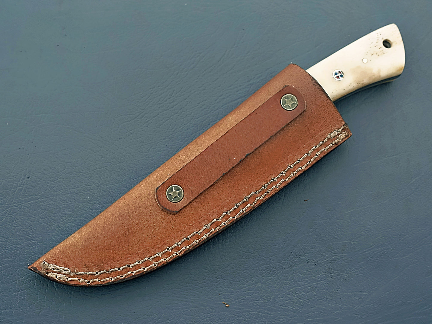 Unique Handcrafted Damascus Hunting Knife with Sheath - Stabilized Wood & Camel Bone Handle