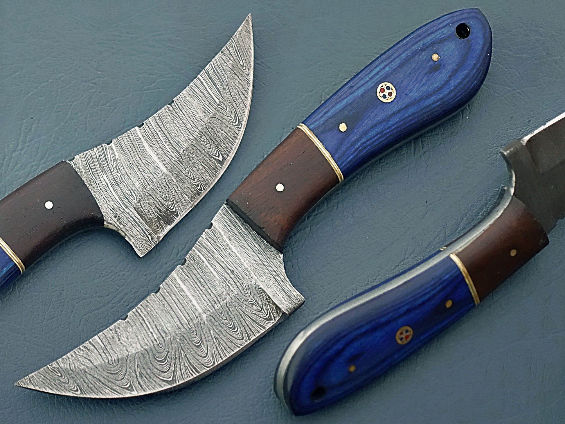 Blue Handle Handcrafted Forged Damascus Steel Hunting Knife | Stabilized Wood & Rosewood Handle