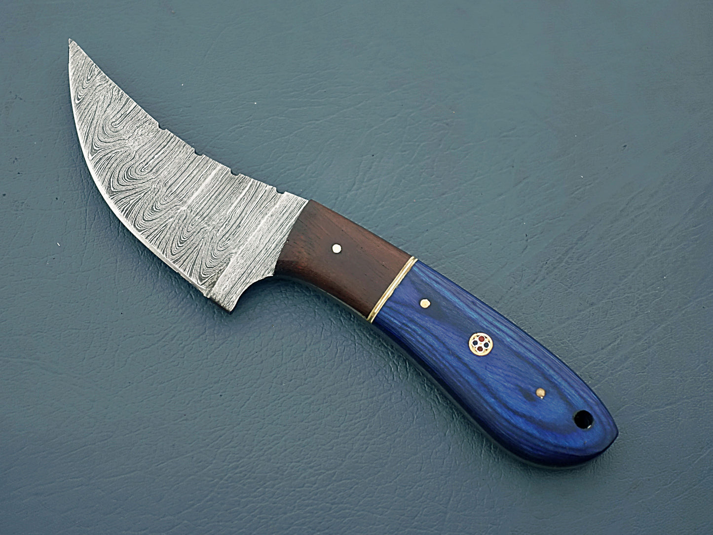 Blue Handle Handcrafted Forged Damascus Steel Hunting Knife | Stabilized Wood & Rosewood Handle